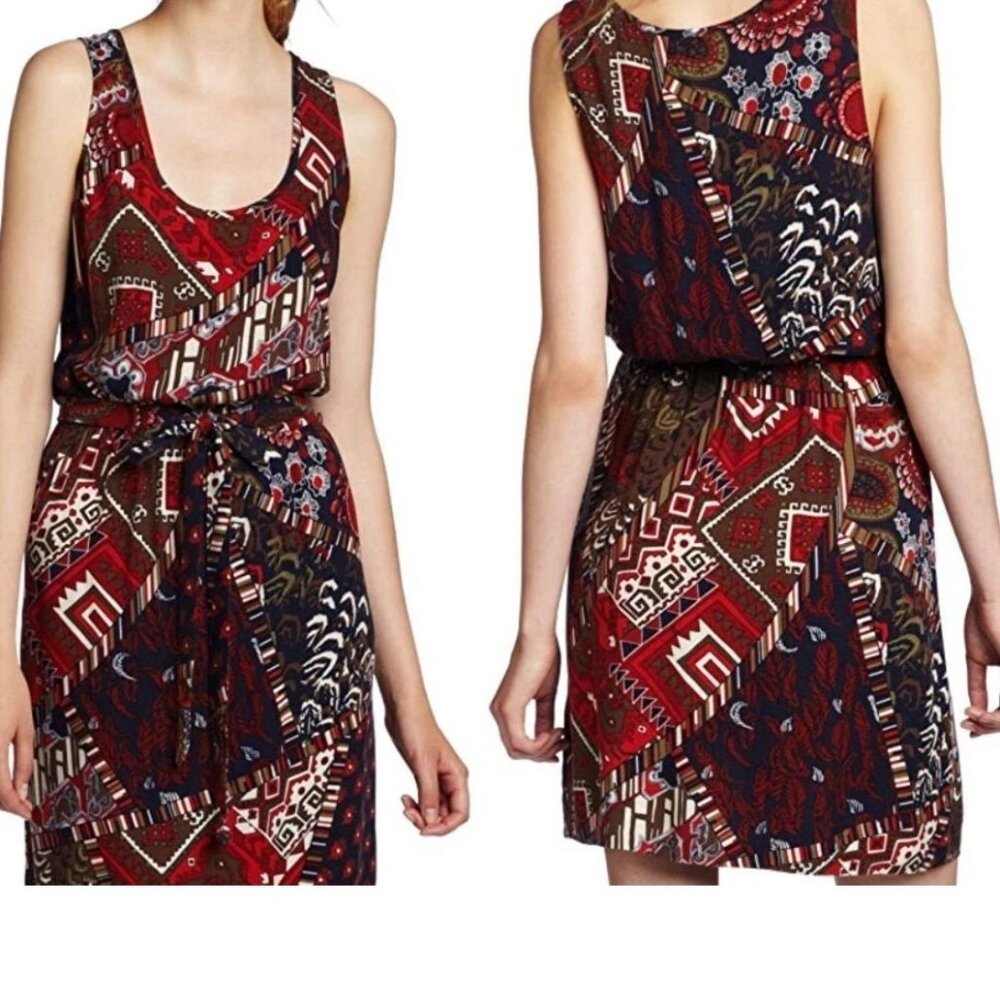 Lucky Brand XL Sleeveless Red Multi-Color Boho Print Dress With Tie Waist 100% - Picture 1 of 14
